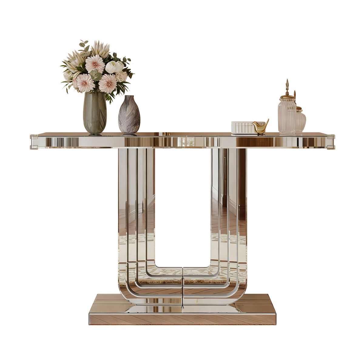 Mesa consola 120cm - moderna con espejo, base en u, resistente a arañazos - plata