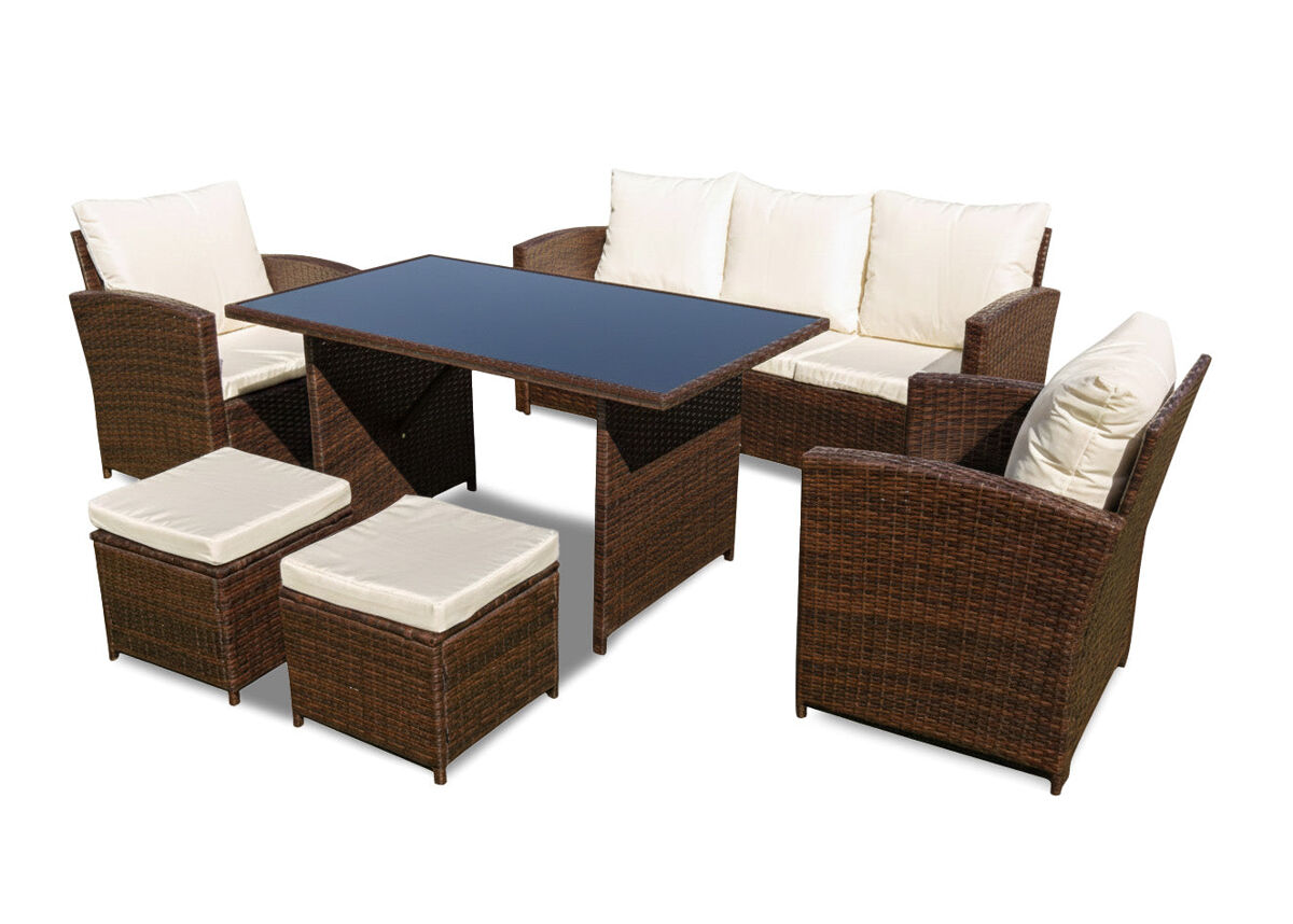 Sofa + mesa + 2 sillones+ 2 pufs de ratan pe. muebles de jardin y terraza, marron