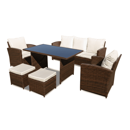 Sofá + Mesa + 2 Poltronas + 2 Pufes Rattan PE. Móveis de Jardim e Exterior, Marrom