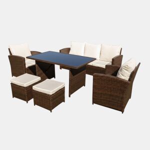 Sofá + Mesa + 2 Poltronas + 2 Pufes Rattan PE. Móveis de Jardim e Exterior, Marrom