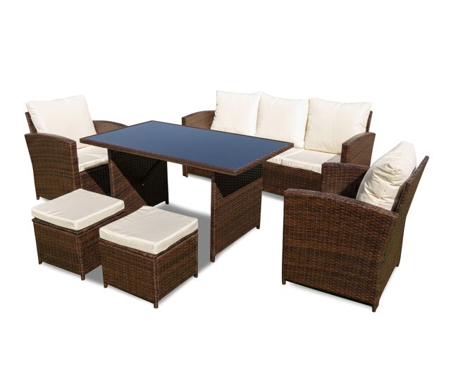 Sofa + mesa + 2 sillones+ 2 pufs de ratan pe. muebles de jardin y terraza, marron