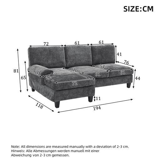 Sofá de 3 lugares 194x118x81 cm - Lateral, cama e lounge, para sala e quarto - Cinza