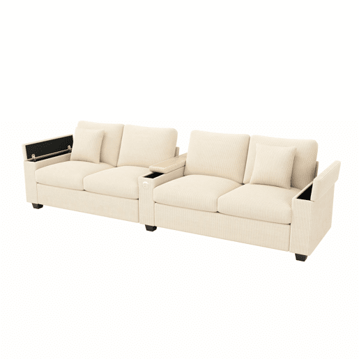 Sofá de 4 lugares - moderno, com USBUSB-C, braços rebatíveis, arrumação oculta - Bege