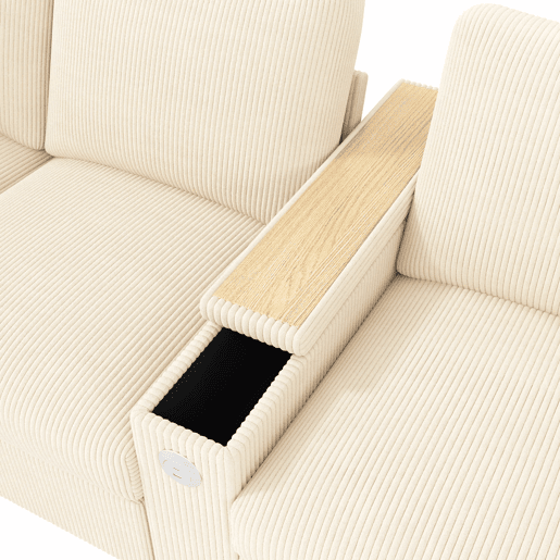 Sofá de 4 lugares - moderno, com USBUSB-C, braços rebatíveis, arrumação oculta - Bege