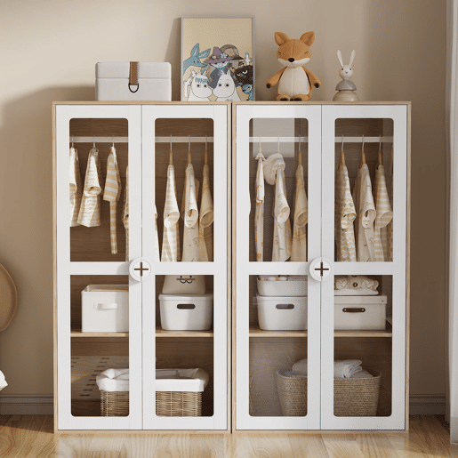 Armário infantil 160x50x150 cm - Porta dupla, acrílico, barra para pendurar - Natural+Branco