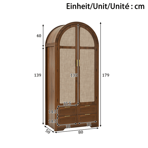 Armário 80 cm - portas curvas, barra e gavetas - nogueira