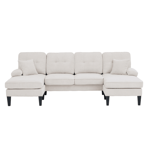 Sofá moderno de 4 lugares em U - chaise longue dupla, tecido cordão, confortável, bege