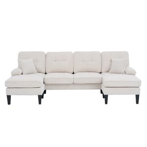 Sofá moderno de 4 lugares em U - chaise longue dupla, tecido cordão, confortável, bege