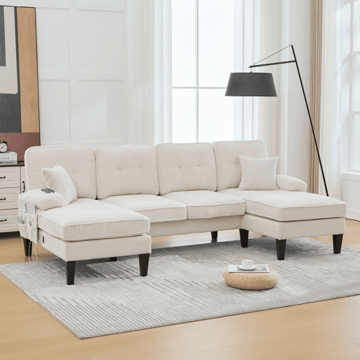 Sofá moderno de 4 lugares em U - chaise longue dupla, tecido cordão, confortável, bege
