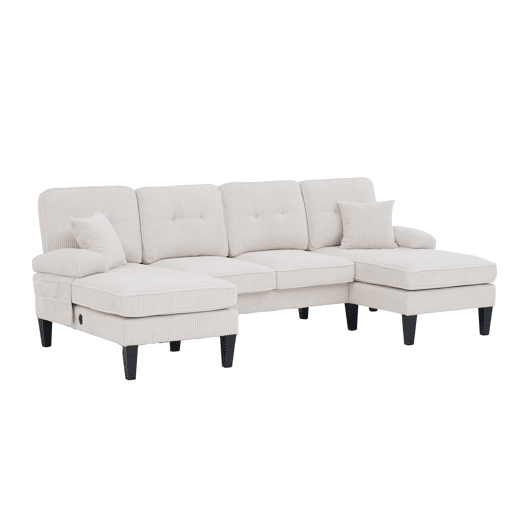 Sofá moderno de 4 lugares em U - chaise longue dupla, tecido cordão, confortável, bege