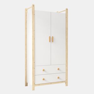 Armário 90x45x180 cm - 2 portas, com barra e 2 gavetas, para quarto e sala - Branco+Natural