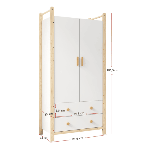 Armário 90x45x180 cm - 2 portas, com barra e 2 gavetas, para quarto e sala - Branco+Natural