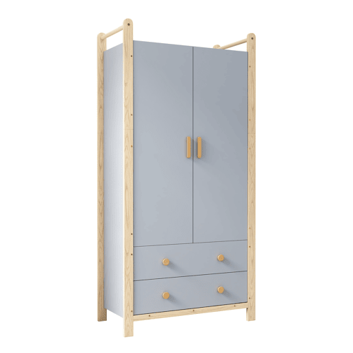 Armário 90x45x180 cm - Com barra, 2 gavetas, para quarto, sala, hall de entrada - Azul + Pinho