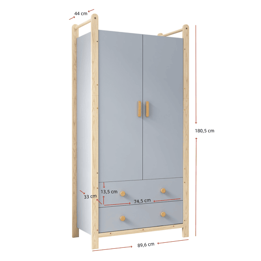 Armário 90x45x180 cm - Com barra, 2 gavetas, para quarto, sala, hall de entrada - Azul + Pinho