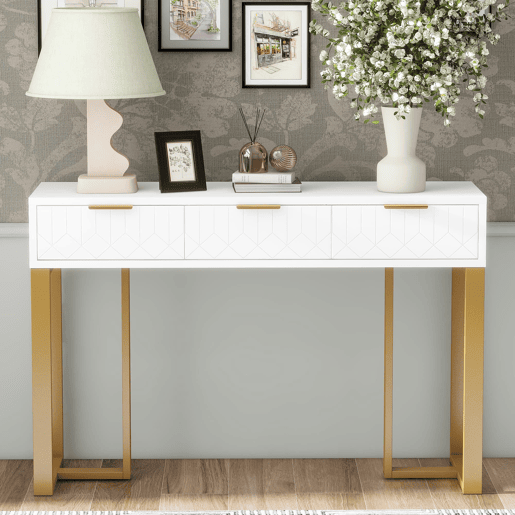 Consola moderna 120 cm - com gavetas, pés reguláveis e puxadores elegantes - Branco+Dourado