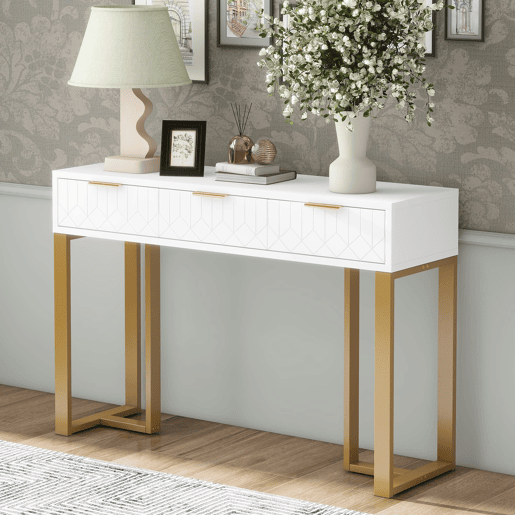 Consola moderna 120 cm - com gavetas, pés reguláveis e puxadores elegantes - Branco+Dourado