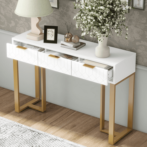 Consola moderna 120 cm - com gavetas, pés reguláveis e puxadores elegantes - Branco+Dourado
