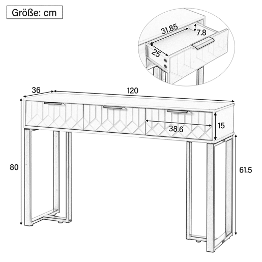Consola moderna 120 cm - com gavetas, pés reguláveis e puxadores elegantes - Branco+Dourado