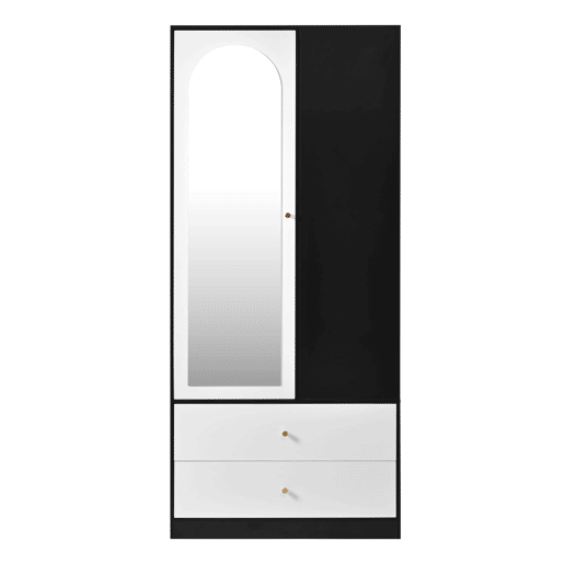 Armário com espelho 80x40x180 cm - 1 porta, 2 gavetas, 4 prateleiras - Preto e branco Armário com espelho 80x40x180 cm - 1 porta, 2 gavetas, 4 prateleiras - Preto e branco