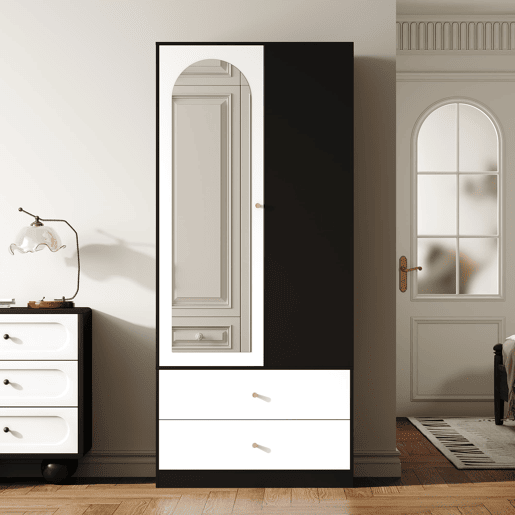 Armário com espelho 80x40x180 cm - 1 porta, 2 gavetas, 4 prateleiras - Preto e branco Armário com espelho 80x40x180 cm - 1 porta, 2 gavetas, 4 prateleiras - Preto e branco
