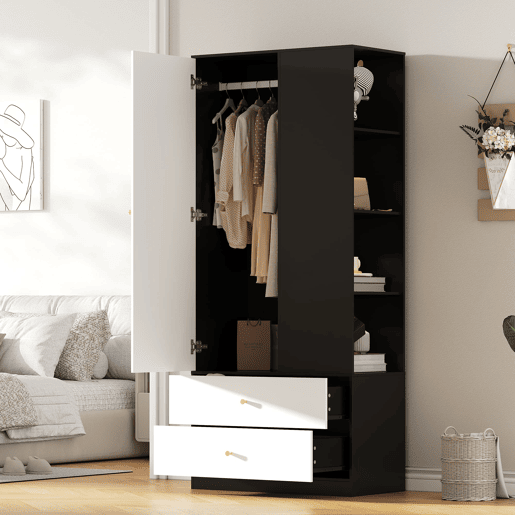 Armário com espelho 80x40x180 cm - 1 porta, 2 gavetas, 4 prateleiras - Preto e branco Armário com espelho 80x40x180 cm - 1 porta, 2 gavetas, 4 prateleiras - Preto e branco