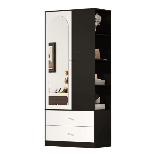 Armário com espelho 80x40x180 cm - 1 porta, 2 gavetas, 4 prateleiras - Preto e branco Armário com espelho 80x40x180 cm - 1 porta, 2 gavetas, 4 prateleiras - Preto e branco
