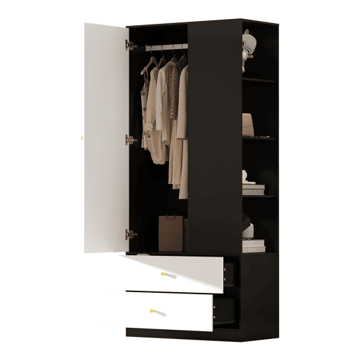 Armário com espelho 80x40x180 cm - 1 porta, 2 gavetas, 4 prateleiras - Preto e branco Armário com espelho 80x40x180 cm - 1 porta, 2 gavetas, 4 prateleiras - Preto e branco