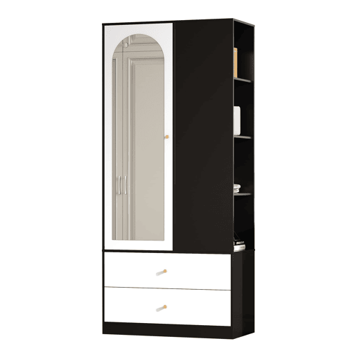 Armário com espelho 80x40x180 cm - 1 porta, 2 gavetas, 4 prateleiras - Preto e branco Armário com espelho 80x40x180 cm - 1 porta, 2 gavetas, 4 prateleiras - Preto e branco