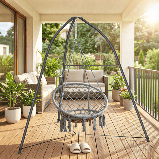 Outsunny Suporte para Cadeira Suspensa Triangular Altura 210 cm com Corrente Ajustável Base Estável Resistente às Intempéries Estrutura de Cadeira Suspensa para Pátio e Jardim Carga 150 kg Preto