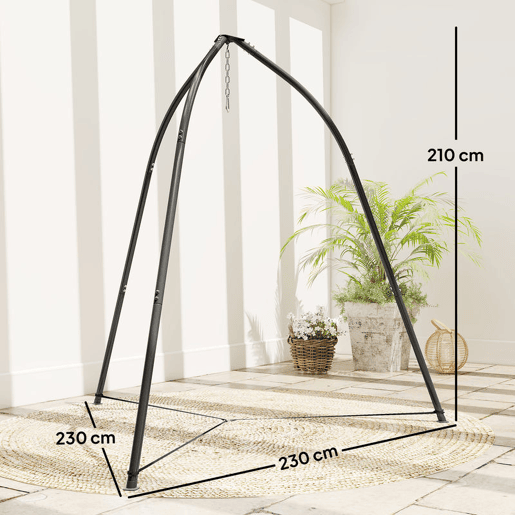Outsunny Suporte para Cadeira Suspensa Triangular Altura 210 cm com Corrente Ajustável Base Estável Resistente às Intempéries Estrutura de Cadeira Suspensa para Pátio e Jardim Carga 150 kg Preto