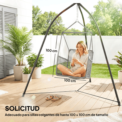 Outsunny Suporte para Cadeira Suspensa Triangular Altura 210 cm com Corrente Ajustável Base Estável Resistente às Intempéries Estrutura de Cadeira Suspensa para Pátio e Jardim Carga 150 kg Preto