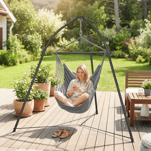 Outsunny Suporte para Cadeira Suspensa Triangular Altura 210 cm com Corrente Ajustável Base Estável Resistente às Intempéries Estrutura de Cadeira Suspensa para Pátio e Jardim Carga 150 kg Preto