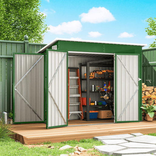 Outsunny Abrigo de Jardim 2,7 m² 234x132x185 cm Abrigo de Exterior Metálico com Três Portas Fechadura Telhado Inclinado e Ventilação para Armazenamento de Ferramentas Verde