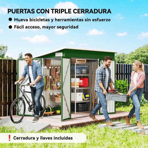 Outsunny Abrigo de Jardim 2,7 m² 234x132x185 cm Abrigo de Exterior Metálico com Três Portas Fechadura Telhado Inclinado e Ventilação para Armazenamento de Ferramentas Verde