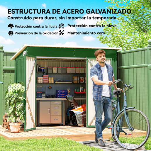 Outsunny Abrigo de Jardim 2,7 m² 234x132x185 cm Abrigo de Exterior Metálico com Três Portas Fechadura Telhado Inclinado e Ventilação para Armazenamento de Ferramentas Verde