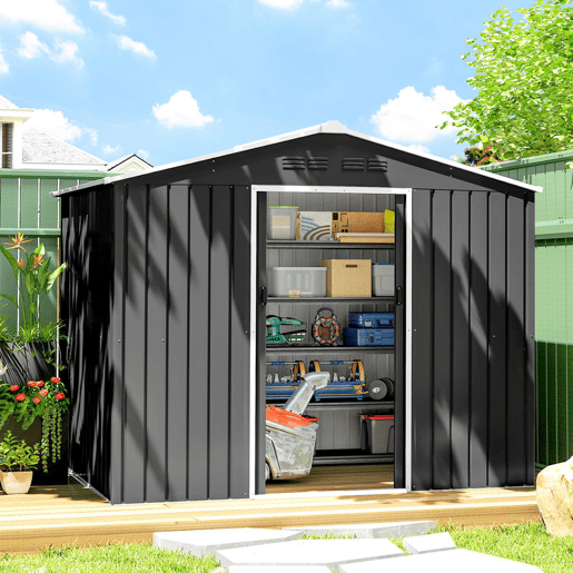 Outsunny Abrigo de Jardim Exterior 3,6 m² 236x171x191 cm Abrigo de Jardim Metálico com Portas Deslizantes e Aberturas de Ventilação para Armazenamento de Ferramentas Cinzento Escuro