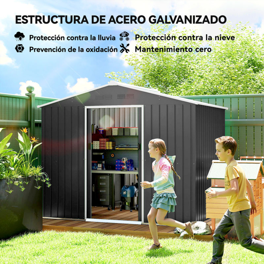 Outsunny Abrigo de Jardim Exterior 3,6 m² 236x171x191 cm Abrigo de Jardim Metálico com Portas Deslizantes e Aberturas de Ventilação para Armazenamento de Ferramentas Cinzento Escuro