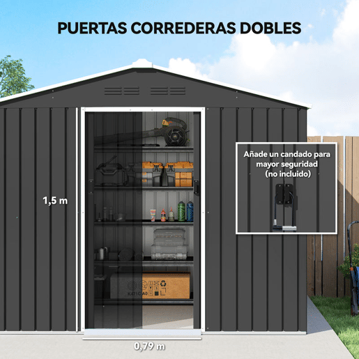 Outsunny Abrigo de Jardim Exterior 3,6 m² 236x171x191 cm Abrigo de Jardim Metálico com Portas Deslizantes e Aberturas de Ventilação para Armazenamento de Ferramentas Cinzento Escuro