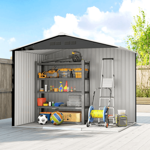 Outsunny Abrigo de Jardim Exterior 3,6 m² 236x171x191 cm Abrigo de Jardim Metálico com Portas Deslizantes e Aberturas de Ventilação para Armazenamento de Ferramentas Cinzento Escuro
