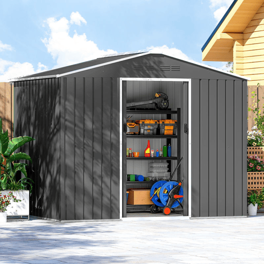 Outsunny Abrigo de Jardim Exterior 3,6 m² 236x171x191 cm Abrigo de Jardim Metálico com Portas Deslizantes e Aberturas de Ventilação para Armazenamento de Ferramentas Cinzento Escuro