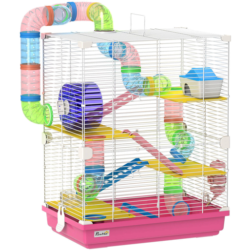 PawHut Jaula para Hamster de 5 Níveis, Casa para Roedores Pequenos com Túnel, Plataformas, Tigela, Bebedouro, Casinha, Rampas e Roda de Exercício, para Gerbos, 46x30x58 cm, Rosa