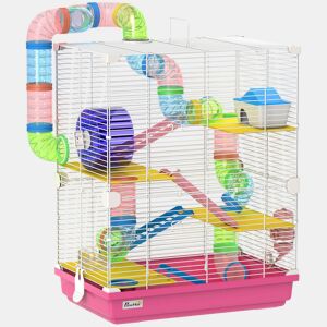 PawHut Jaula para Hamster de 5 Níveis, Casa para Roedores Pequenos com Túnel, Plataformas, Tigela, Bebedouro, Casinha, Rampas e Roda de Exercício, para Gerbos, 46x30x58 cm, Rosa