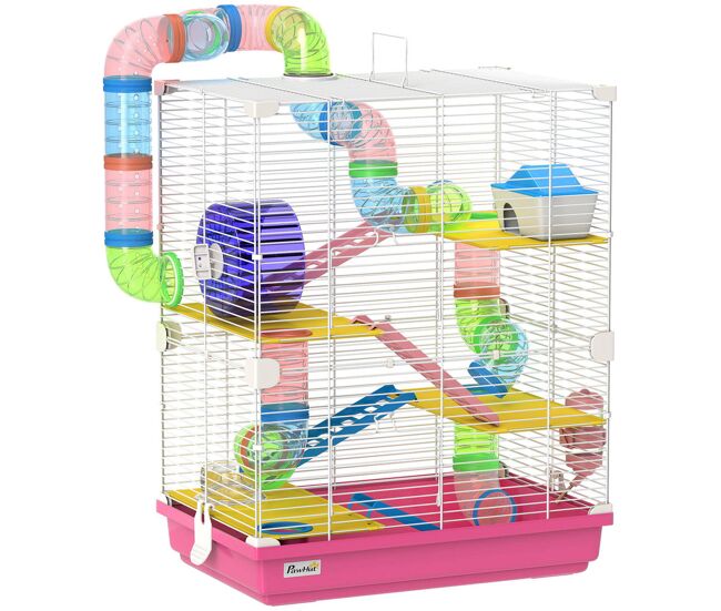 Pawhut jaula para hámster de 5 niveles, casa para roedores pequeños con túnel, plataformas, cuenco, bebedero, casita, rampas y rueda de ejercicio, para jerbos, 46x30x58 cm, rosa