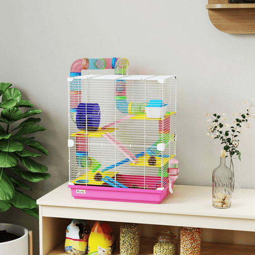 PawHut Jaula para Hamster de 5 Níveis, Casa para Roedores Pequenos com Túnel, Plataformas, Tigela, Bebedouro, Casinha, Rampas e Roda de Exercício, para Gerbos, 46x30x58 cm, Rosa