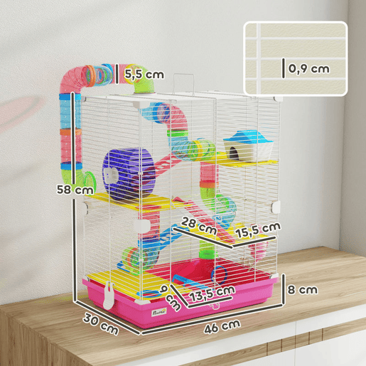 PawHut Jaula para Hamster de 5 Níveis, Casa para Roedores Pequenos com Túnel, Plataformas, Tigela, Bebedouro, Casinha, Rampas e Roda de Exercício, para Gerbos, 46x30x58 cm, Rosa