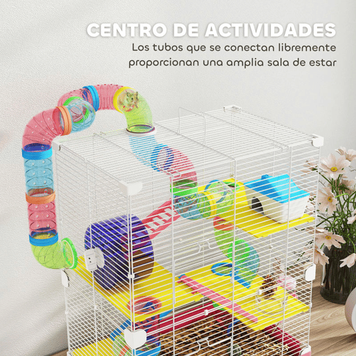 PawHut Jaula para Hamster de 5 Níveis, Casa para Roedores Pequenos com Túnel, Plataformas, Tigela, Bebedouro, Casinha, Rampas e Roda de Exercício, para Gerbos, 46x30x58 cm, Rosa