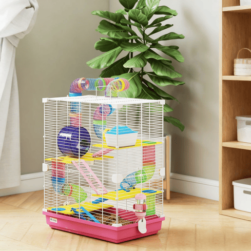 PawHut Jaula para Hamster de 5 Níveis, Casa para Roedores Pequenos com Túnel, Plataformas, Tigela, Bebedouro, Casinha, Rampas e Roda de Exercício, para Gerbos, 46x30x58 cm, Rosa