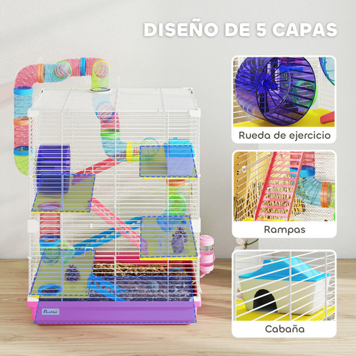 PawHut Jaula para Hamster de 5 Níveis, Casa para Roedores Pequenos com Túnel, Plataformas, Tigela, Bebedouro, Casinha, Rampas e Roda de Exercício, para Gerbos, 46x30x58 cm, Rosa