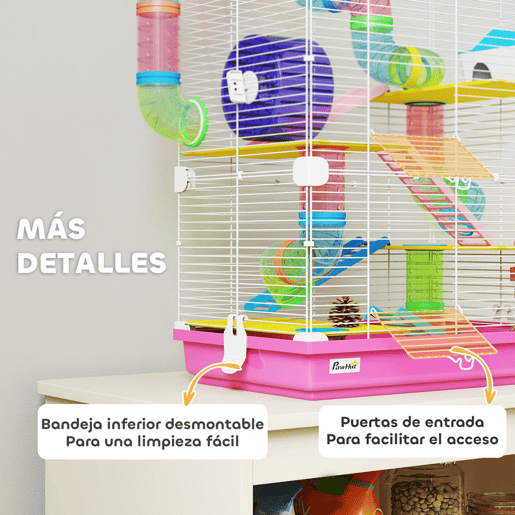 PawHut Jaula para Hamster de 5 Níveis, Casa para Roedores Pequenos com Túnel, Plataformas, Tigela, Bebedouro, Casinha, Rampas e Roda de Exercício, para Gerbos, 46x30x58 cm, Rosa