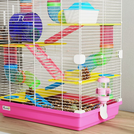 PawHut Jaula para Hamster de 5 Níveis, Casa para Roedores Pequenos com Túnel, Plataformas, Tigela, Bebedouro, Casinha, Rampas e Roda de Exercício, para Gerbos, 46x30x58 cm, Rosa